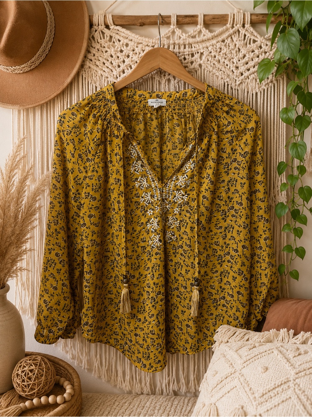 Boho Embroidered Tassel Peasant Blouse - Mustard